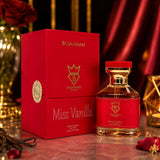Soghaat BUJAIRAMI SYDNEY Miss Vanilla perfume bottle and red gift box with gold accents on a reflective surface.