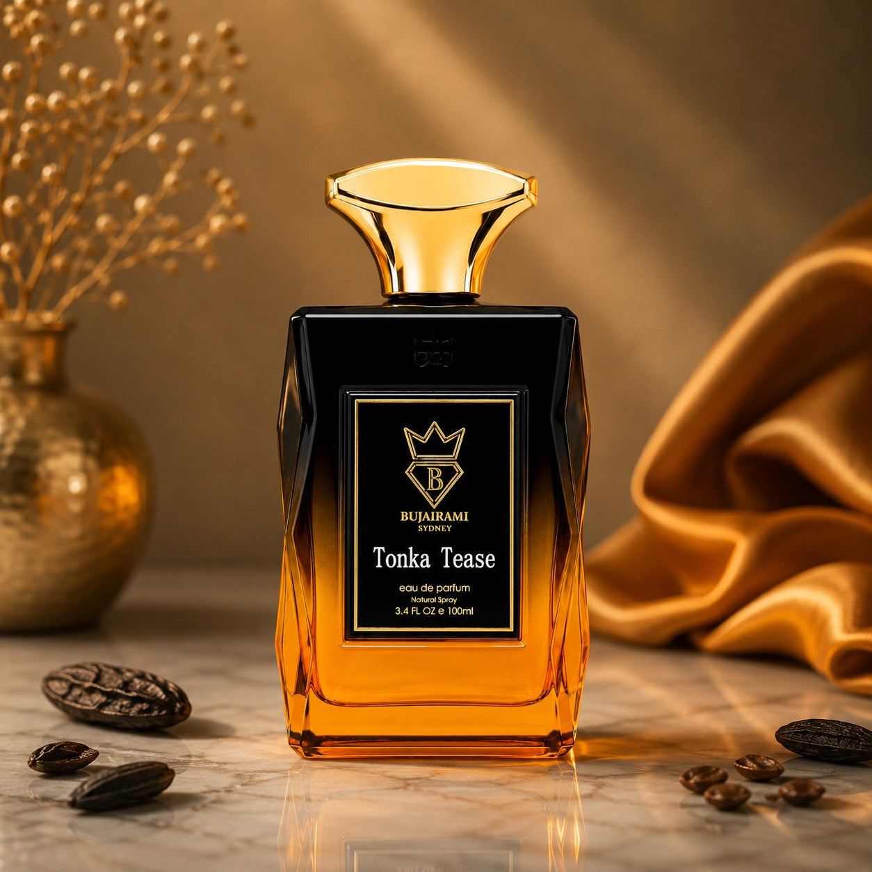 Soghaat Bujairami Tonka Tease unisex Eau de Parfum in a black and amber glass bottle with a gold cap on a marble surface.
