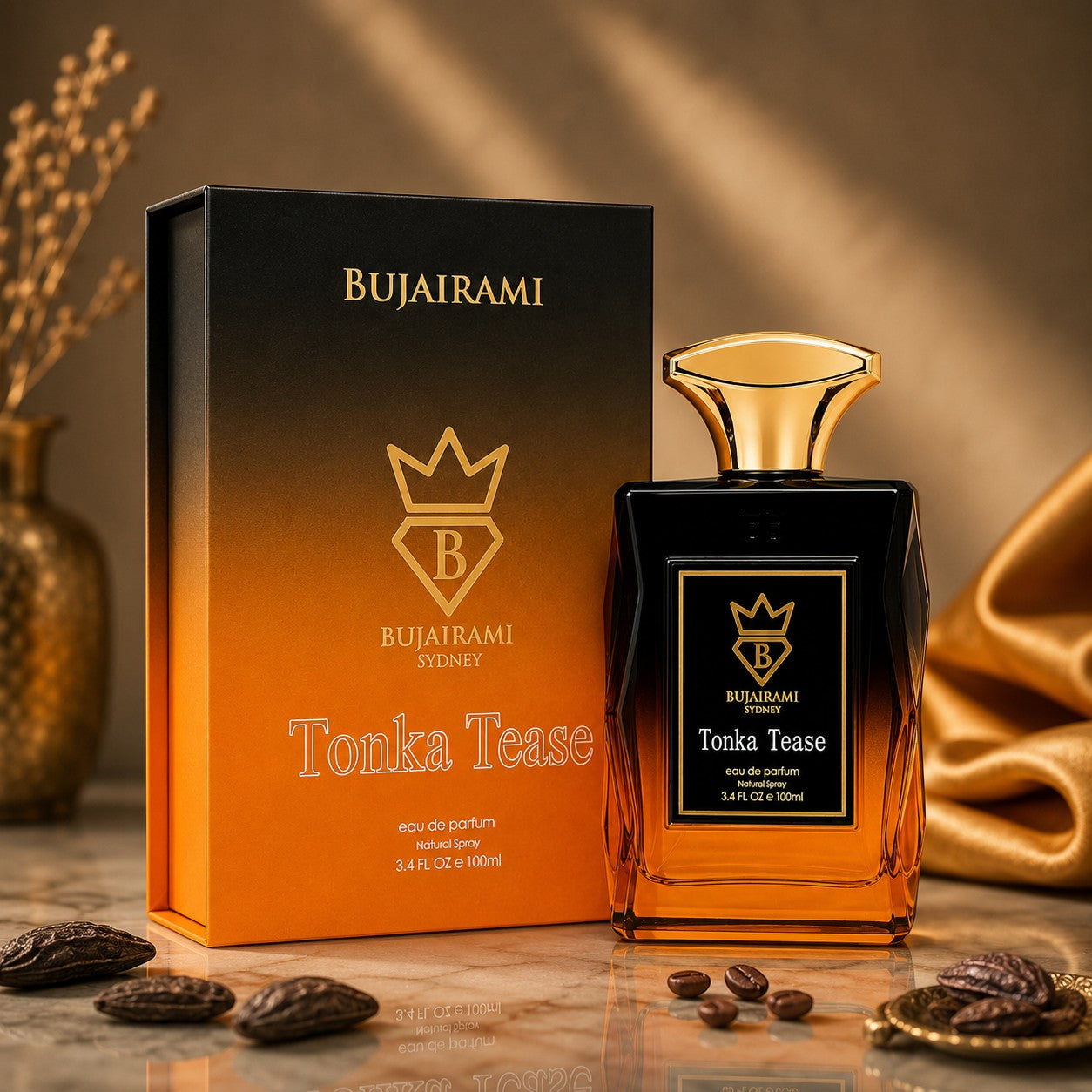 Soghaat Bujairami Tonka Tease unisex Eau de Parfum bottle and box with amber and black gradient design on marble surface.