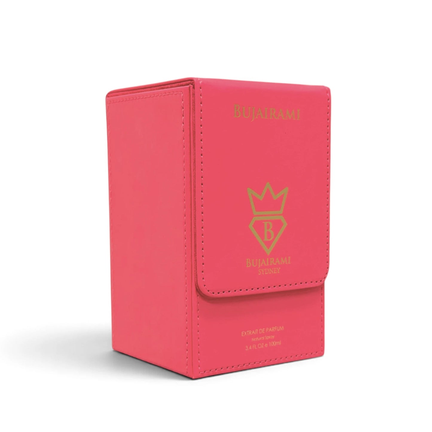 Soghaat Bujairami Too Damn Clean 100ml Extrait de Parfum in a vibrant pink leather-textured presentation box.