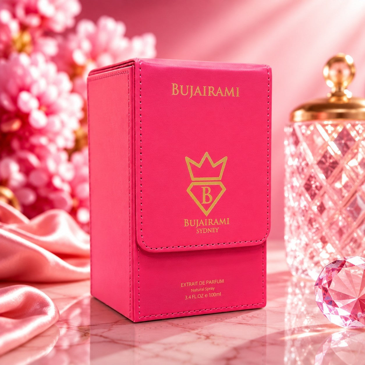 Soghaat Bujairami Too Damn Clean 100ml Extrait de Parfum in a vibrant pink leather-textured box on a marble surface.