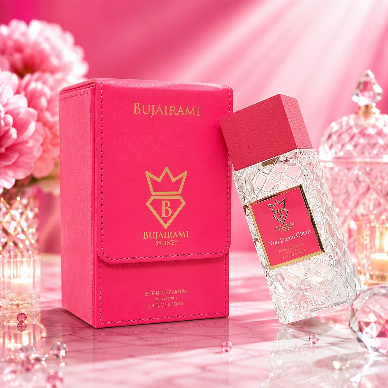 Soghaat Bujairami Too Damn Clean 100ml Extrait de Parfum in a bright pink leather case and crystal-cut glass bottle.