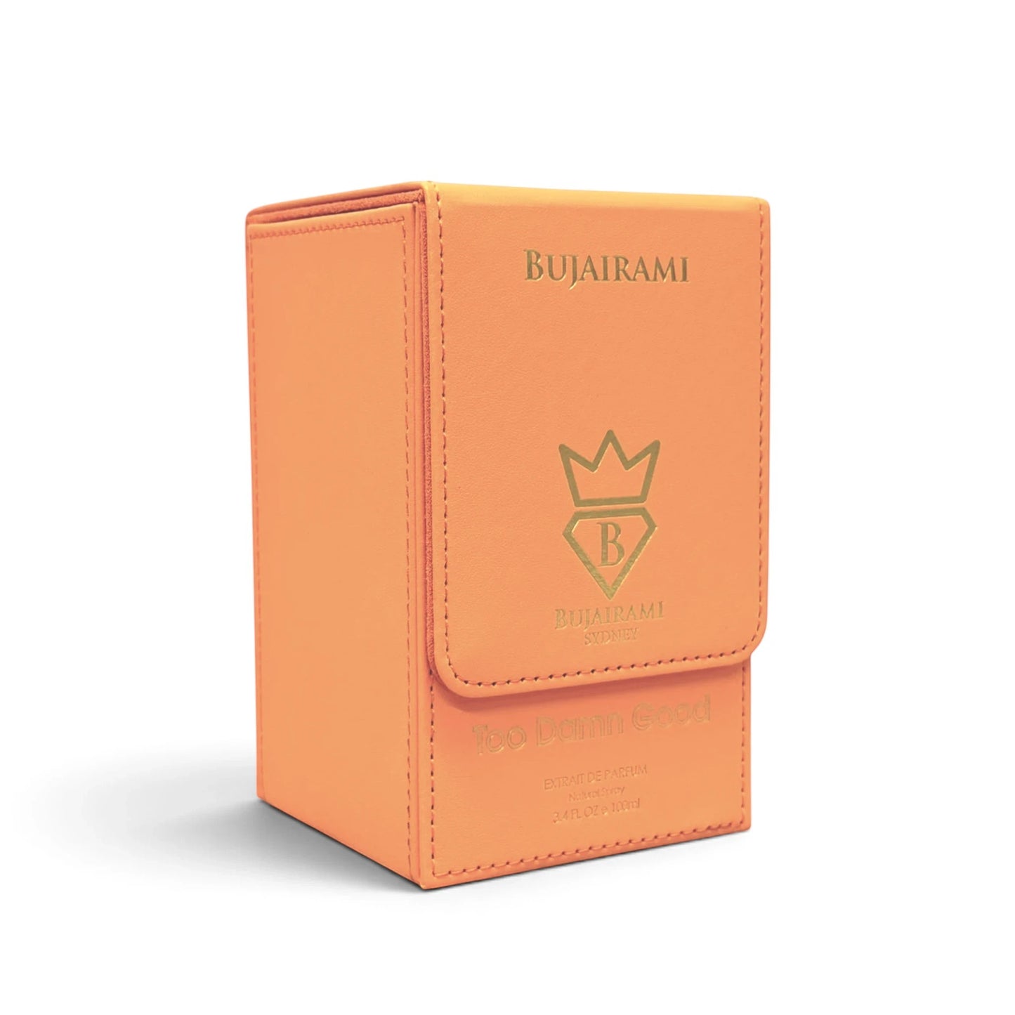 Soghaat Bujairami Too Damn Good 100ml Extrait de Parfum in a vibrant orange leather-textured presentation box.