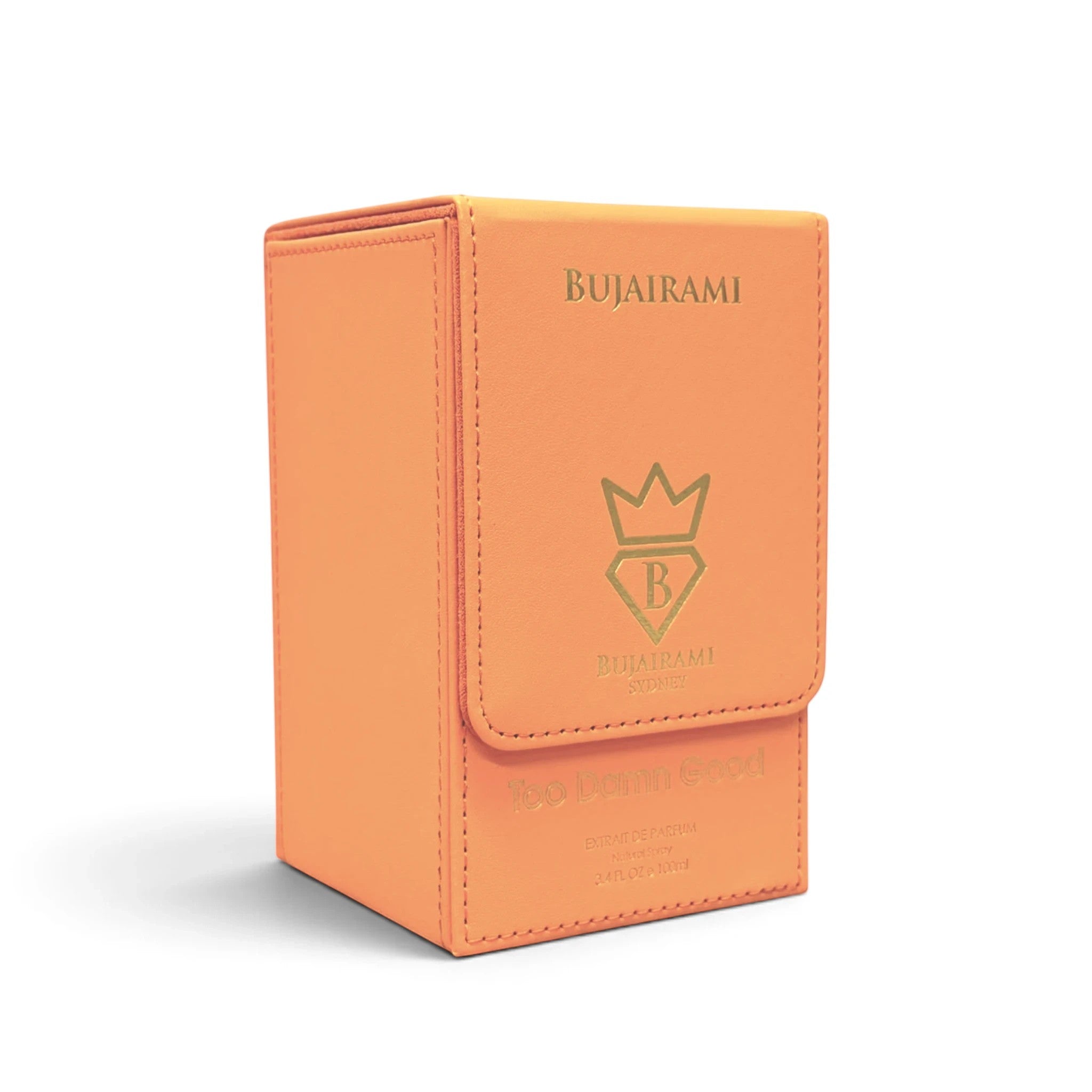 Soghaat Bujairami Too Damn Good 100ml Extrait de Parfum in a vibrant orange leather-textured presentation box.