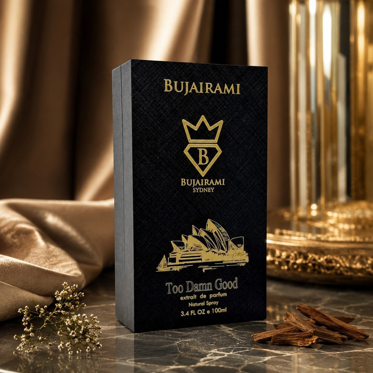 Soghaat Bujairami Too Damn Good 100ml Extrait de Parfum in a black box with gold Sydney Opera House branding.