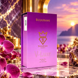 Soghaat Bujairami V-Luxe 100ml Eau de Parfum box in purple packaging, surrounded by orchids and gold accents.