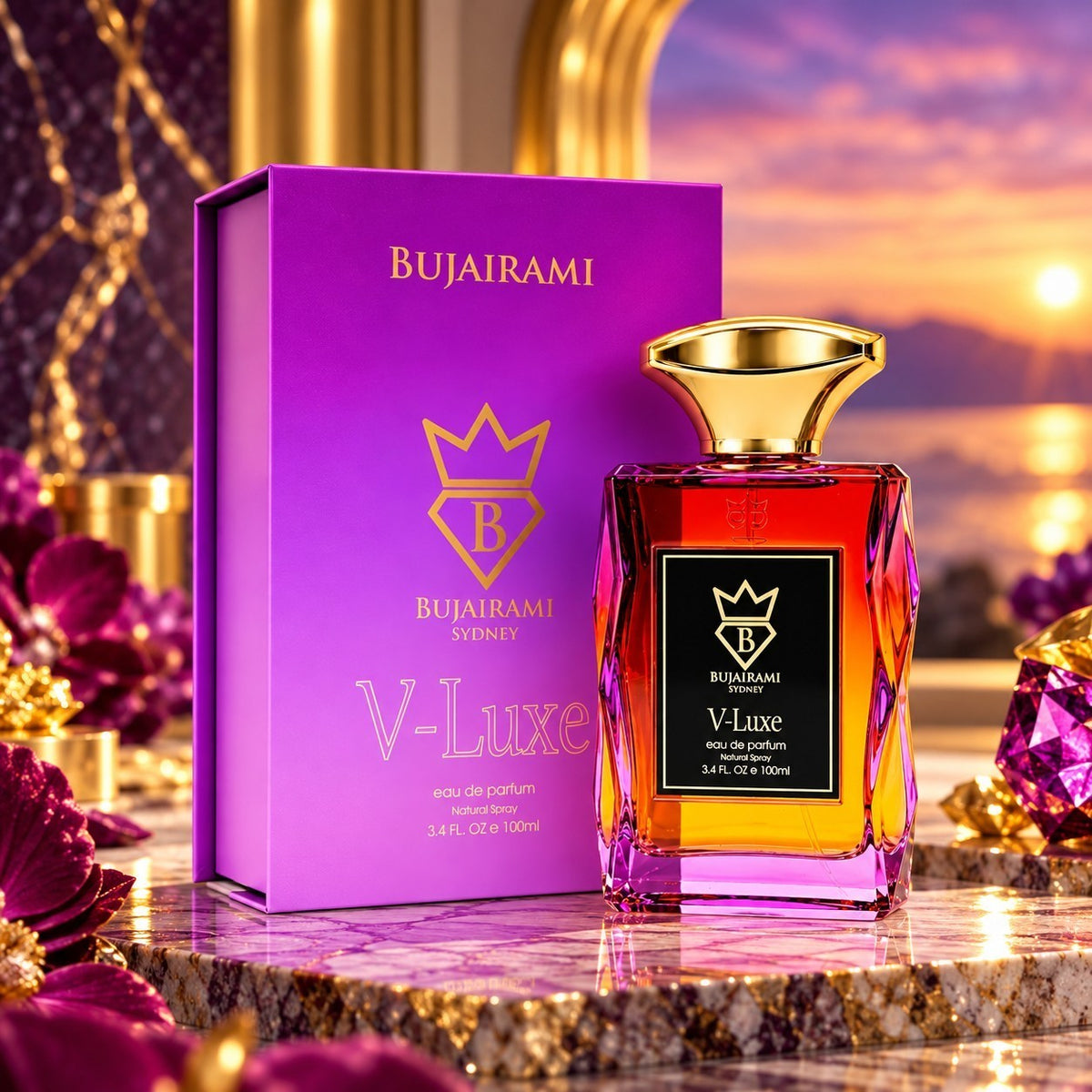 Soghaat Bujairami V-Luxe 100ml Eau de Parfum bottle and purple box with gold accents on a marble surface at sunset.