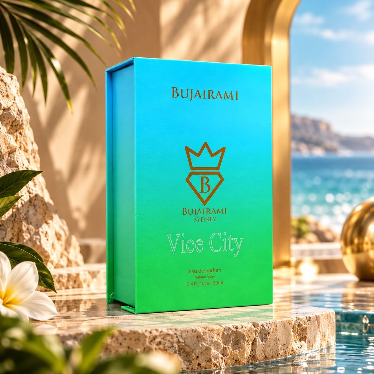 Soghaat Bujairami Vice City 100ml Eau de Parfum in a vibrant blue and green gradient box by a tropical seaside pool.