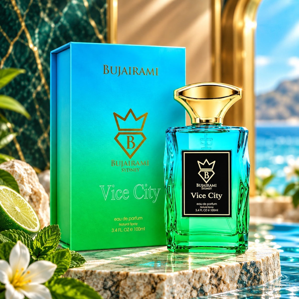 Soghaat Bujairami Vice City unisex Eau de Parfum bottle and box with tropical lime and floral accents.