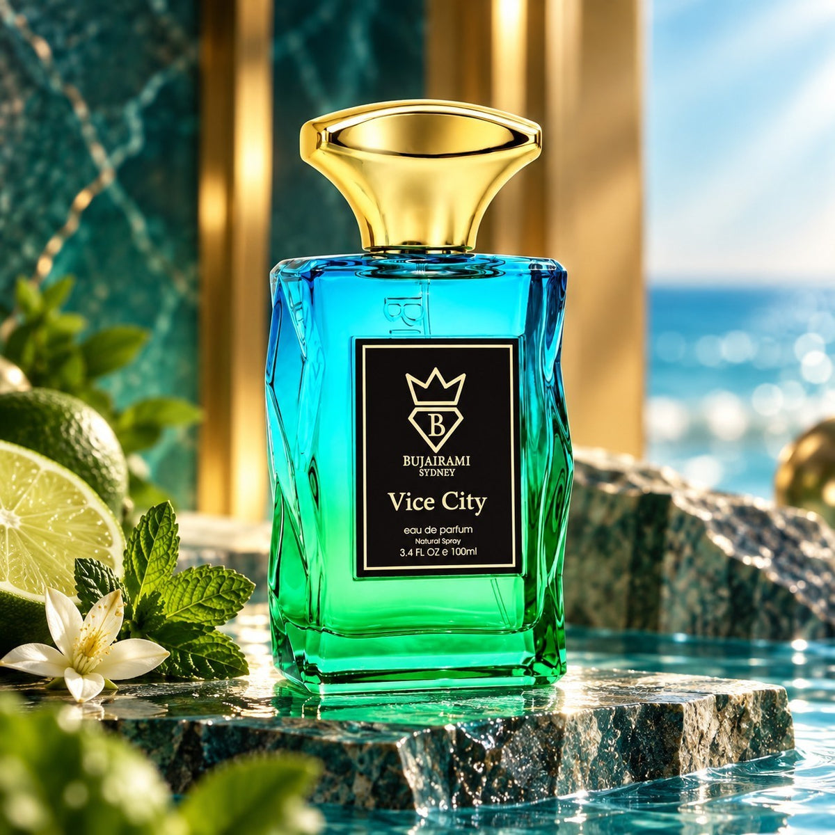 Soghaat Bujairami Vice City 100ml unisex Eau de Parfum in a blue and green glass bottle with a gold cap by the sea.