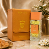 Soghaat Bujairami Ya Habibi Extrait de Parfum bottle with tan leather case, citrus notes, and elegant gold accents.