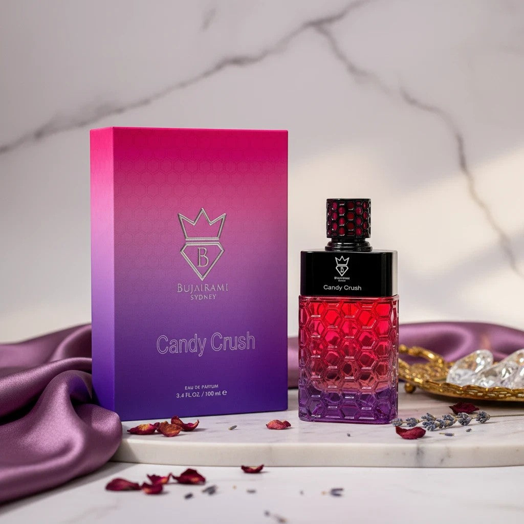 Soghaat Candy Crush Eau de Parfum 100ml for women, a sweet musk fragrance with red fruits, citrus, caramel, floral notes, and vanilla.