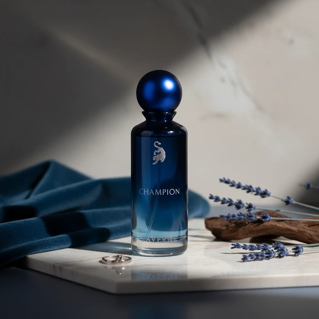 Soghaat Champion 100ml Eau de Parfum by Laverne, a unisex fresh woody aromatic fragrance in a blue gradient bottle with a silver jaguar emblem.