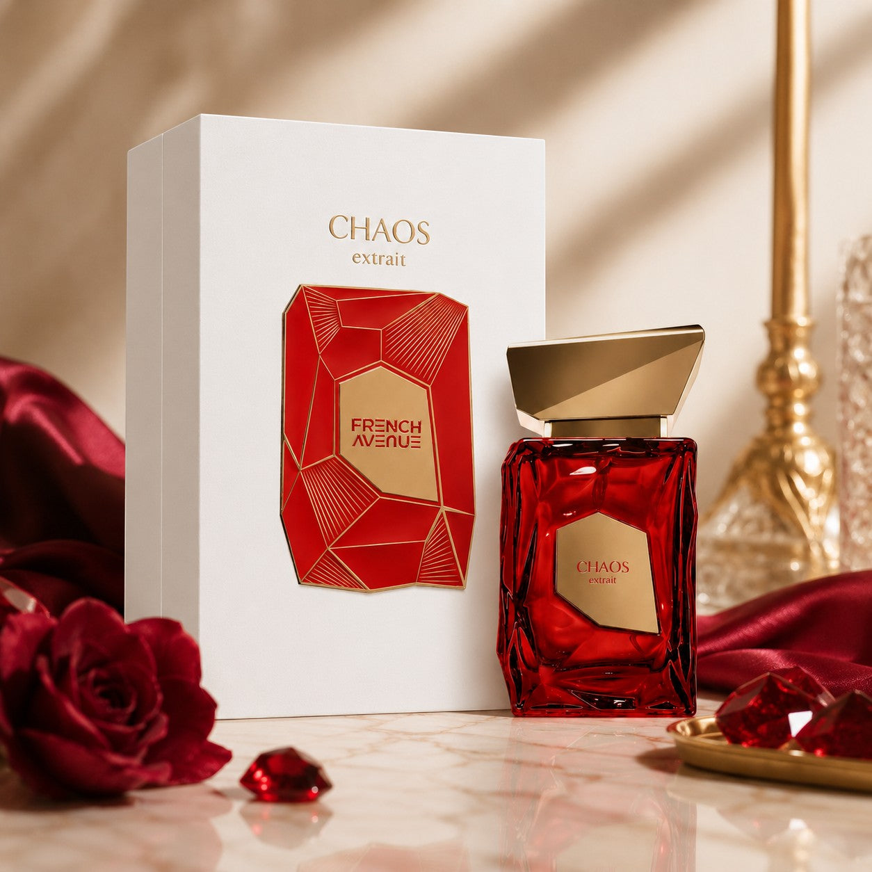 Soghaat Chaos 100ml Extrait de Parfum for Unisex, a faceted red glass bottle with gold accents, featuring cherry, iris, vanilla, and leather notes.
