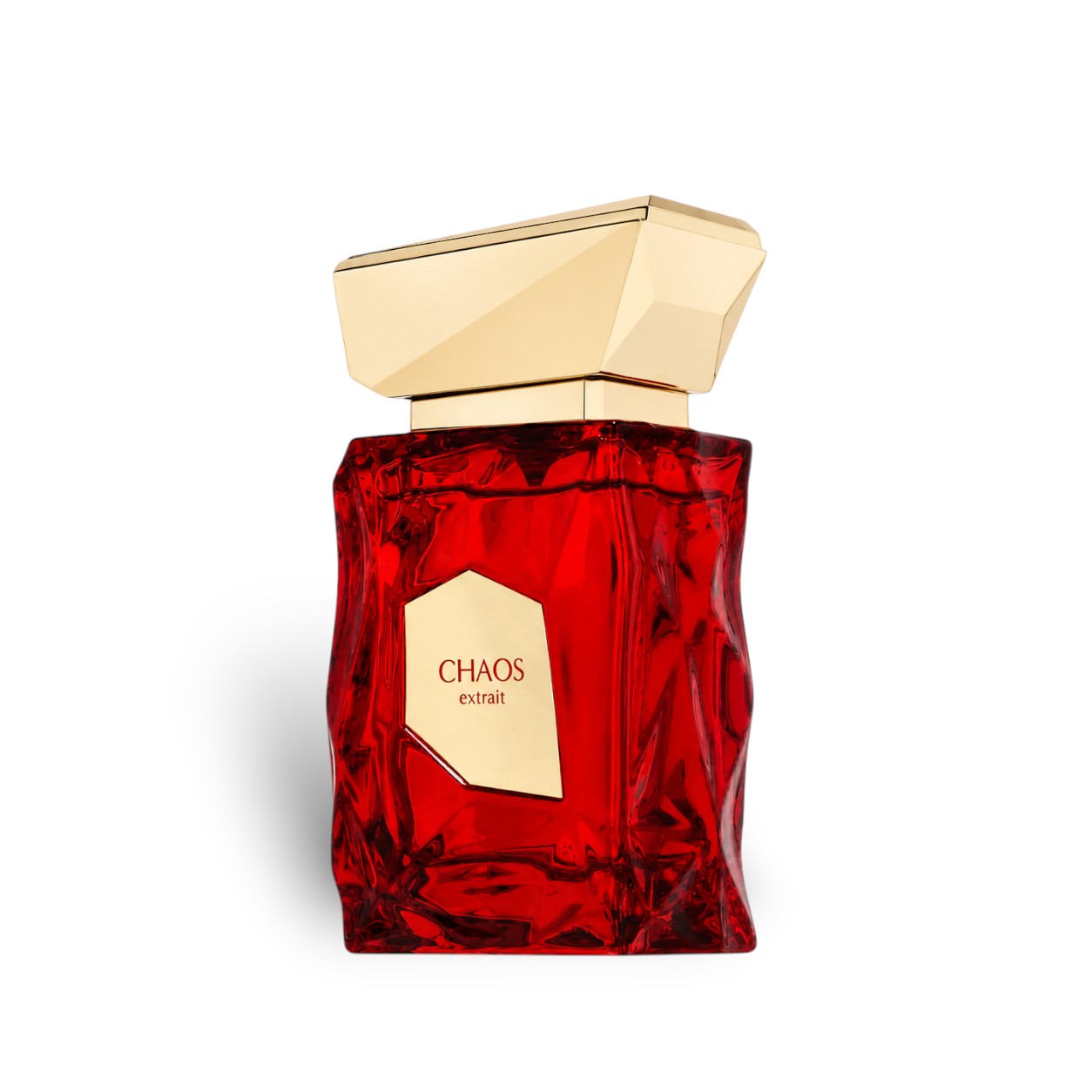 Soghaat Chaos 100ml Extrait de Parfum for Unisex in a striking red glass bottle with a gold geometric cap. Notes of cherry, iris, vanilla, moss, and leather.