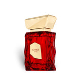 Soghaat Chaos 100ml Extrait de Parfum for Unisex in a striking red glass bottle with a gold geometric cap. Notes of cherry, iris, vanilla, moss, and leather.