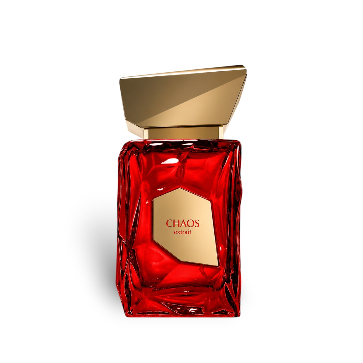 Soghaat Chaos 100ml Extrait de Parfum, a unisex amber woody oriental fragrance in a faceted red glass bottle with a gold cap.