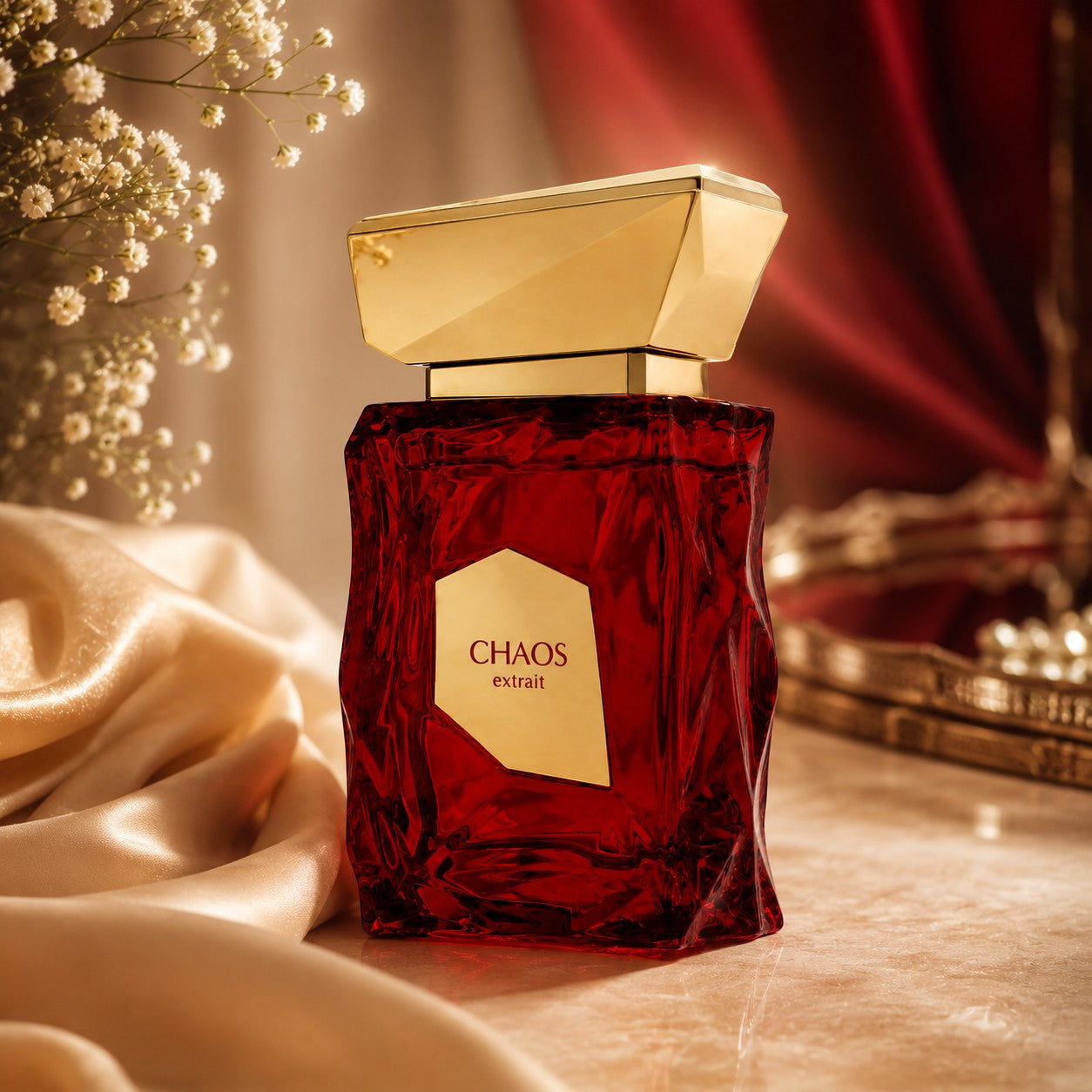 Soghaat Chaos 100ml Extrait de Parfum, a unisex amber woody oriental fragrance with a faceted red glass bottle and gold cap.