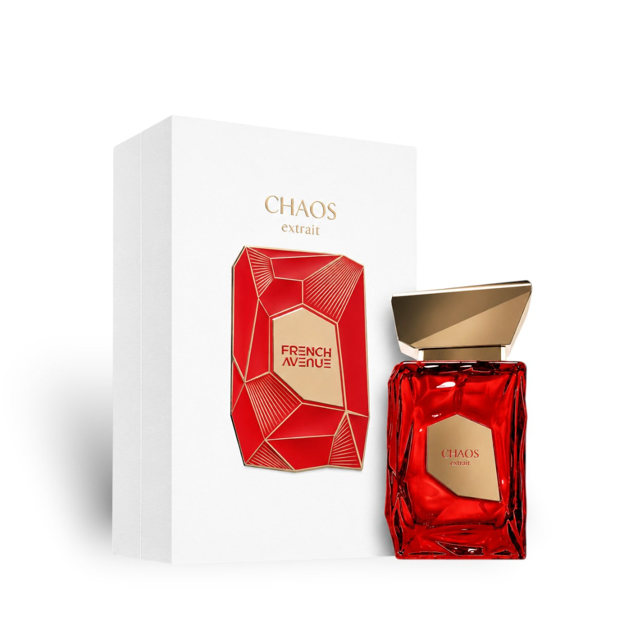 Soghaat Chaos 100ml Extrait de Parfum by French Avenue, a faceted red glass bottle with a gold cap and a matching red and gold geometric box.