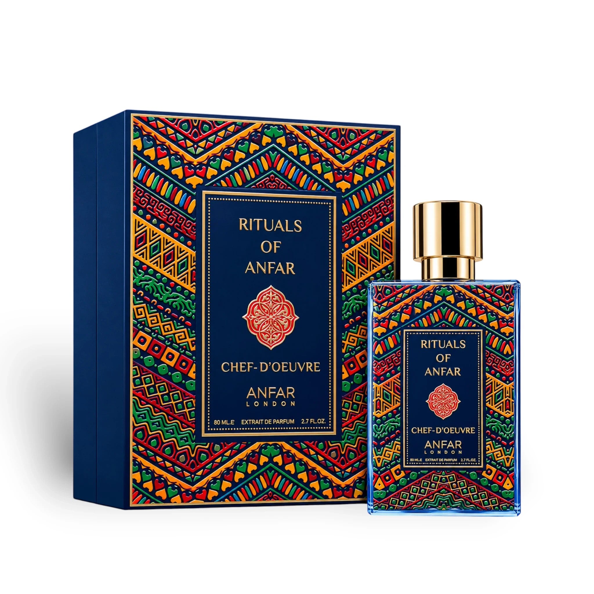 Soghaat Chef d’Oeuvre by Anfar London 80ml Extrait de Parfum bottle and decorative box with vibrant geometric patterns.