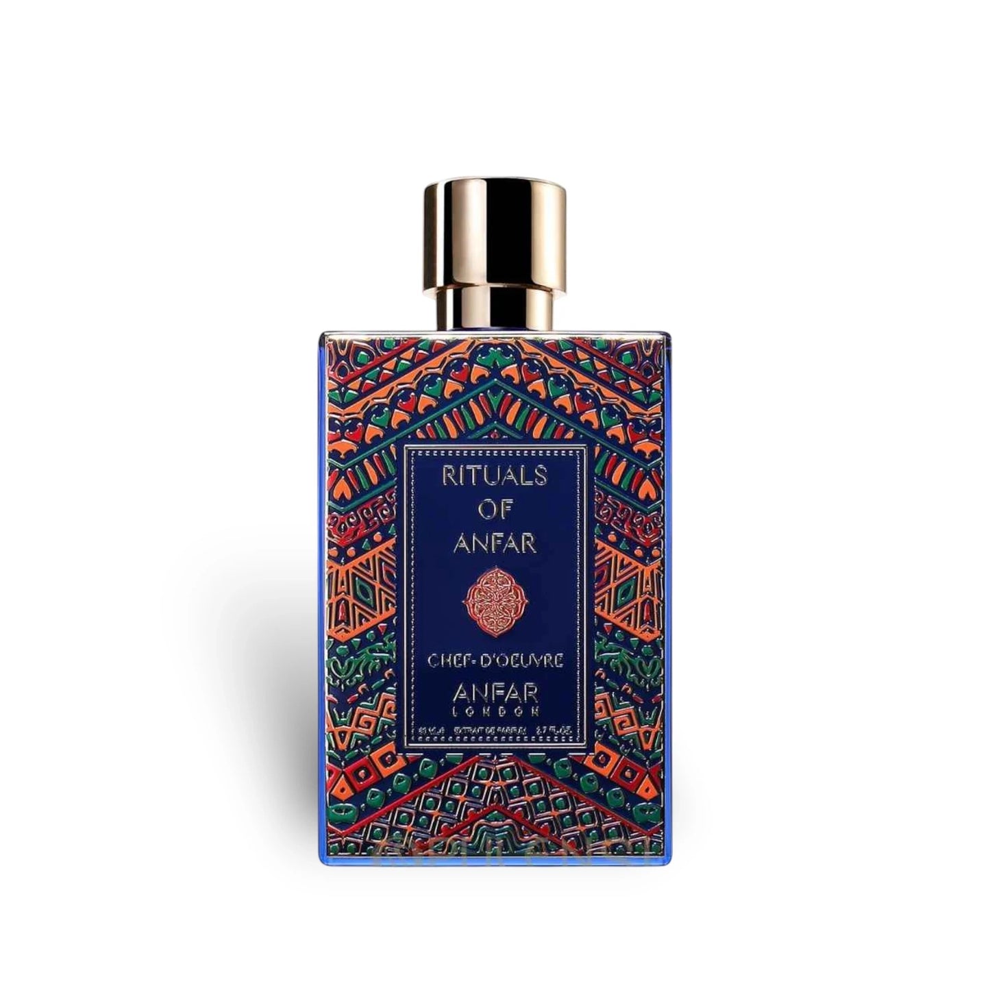 Soghaat Chef d’Oeuvre by Anfar London 80ml Extrait de Parfum in a decorative blue bottle with intricate gold patterns.