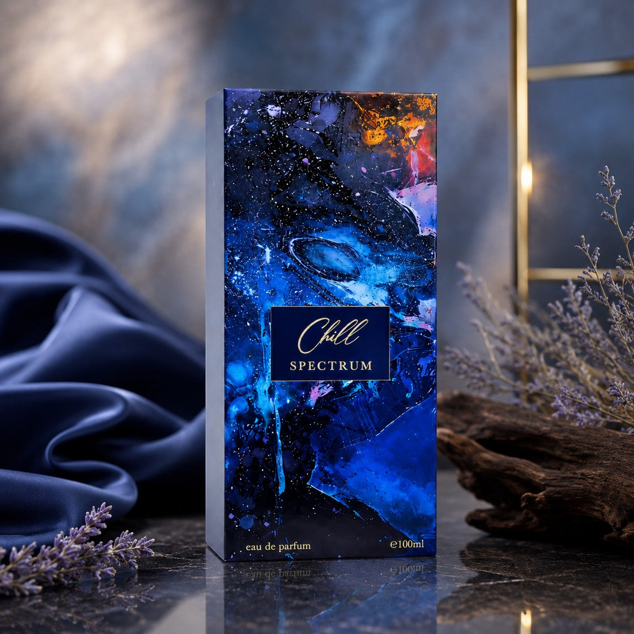 Soghaat Ahmed Al Maghribi Chill Spectrum 100ml Eau de Parfum bottle with a vibrant blue and abstract artistic design.
