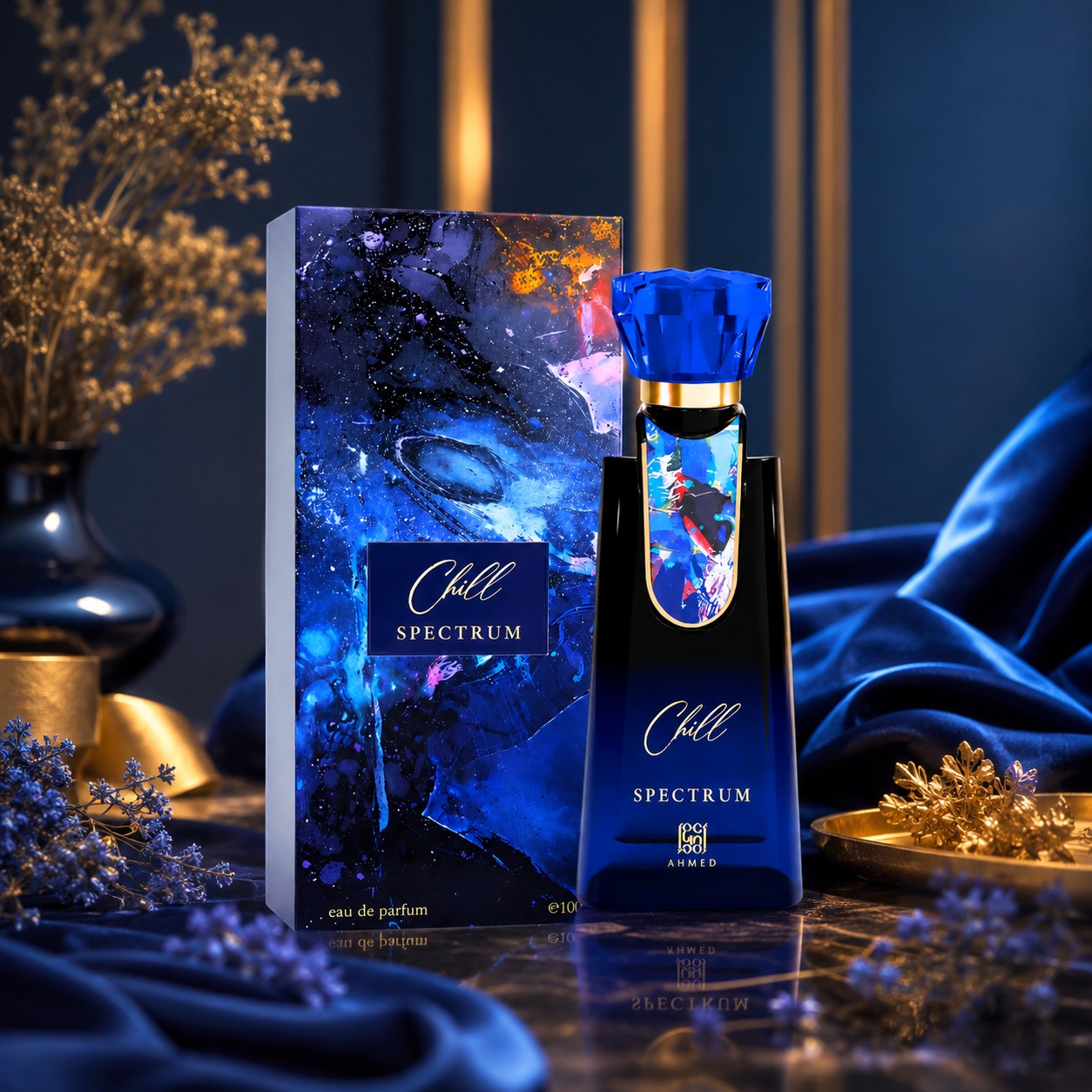 Soghaat Chill Spectrum Eau de Parfum bottle and box featuring a vibrant blue abstract design on a dark velvet surface