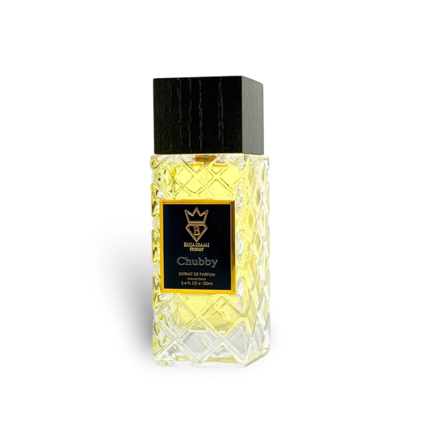 Soghaat Chubby 100ml Extrait de Parfum, a unisex fragrance with citrus, aromatic, and woody notes in a clear glass bottle with a black cap.