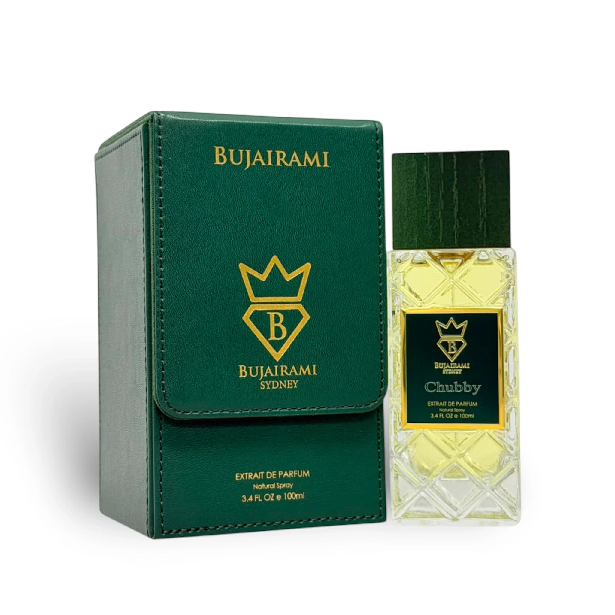 Soghaat Chubby 100ml Extrait de Parfum by Bujairami, a unisex fragrance with citrus, aquatic, and woody notes in a clear glass bottle with a green case.