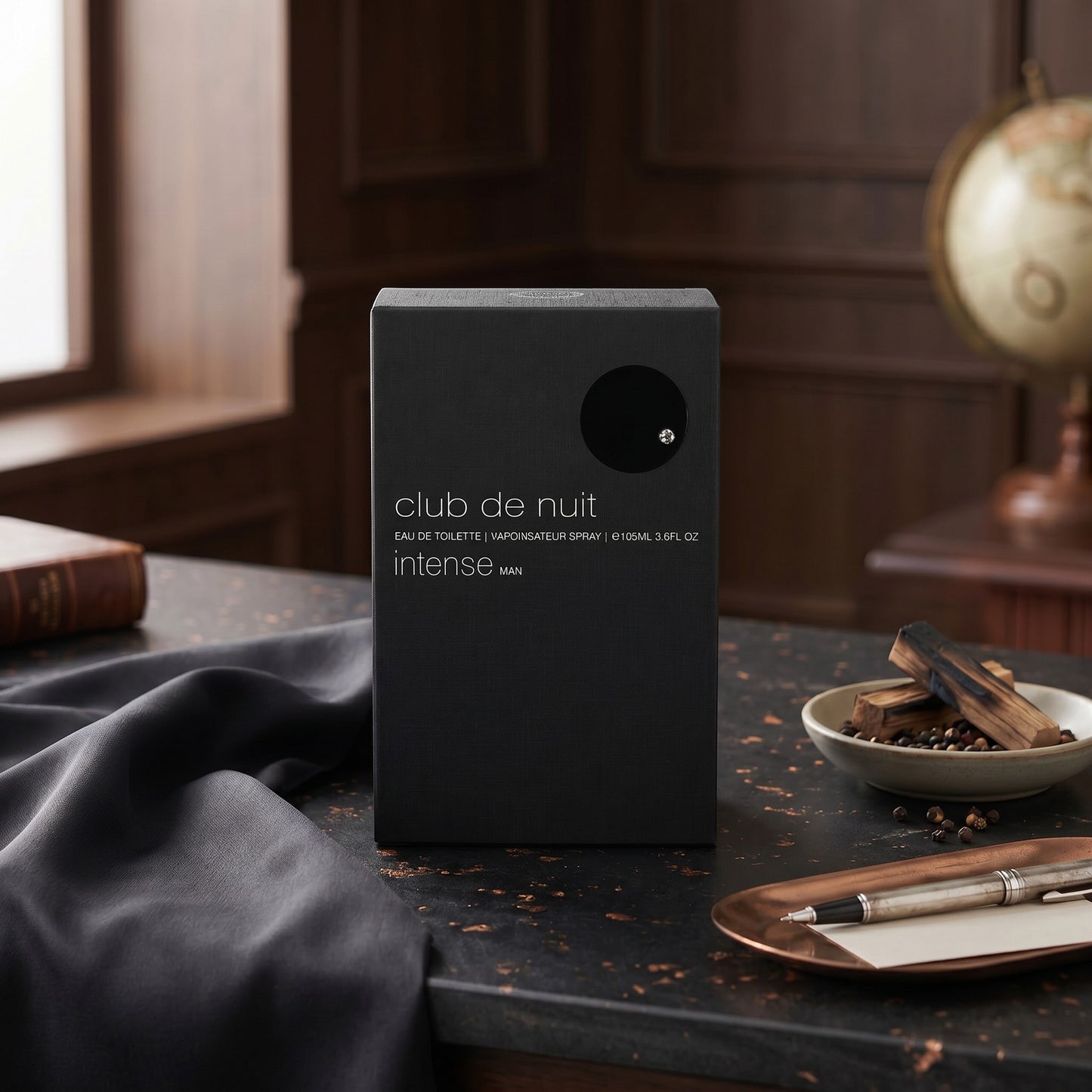 Soghaat Club De Nuit Intense Man Eau de Toilette 105ml bottle in a dark, sophisticated setting.