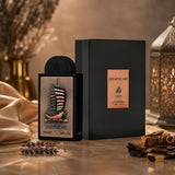 Soghaat Creative Art Eau de Parfum 100ml bottle with a ship design, presented with its black box. Unisex Arabian fragrance.