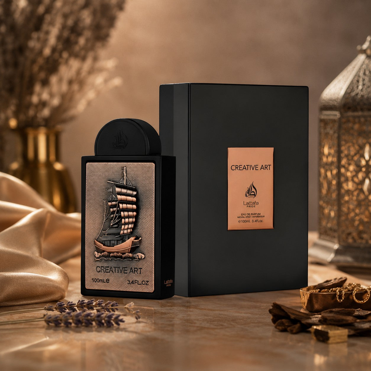 Soghaat Creative Art Eau de Parfum 100ml bottle with a ship design, presented with its black box. Unisex Arabian fragrance.
