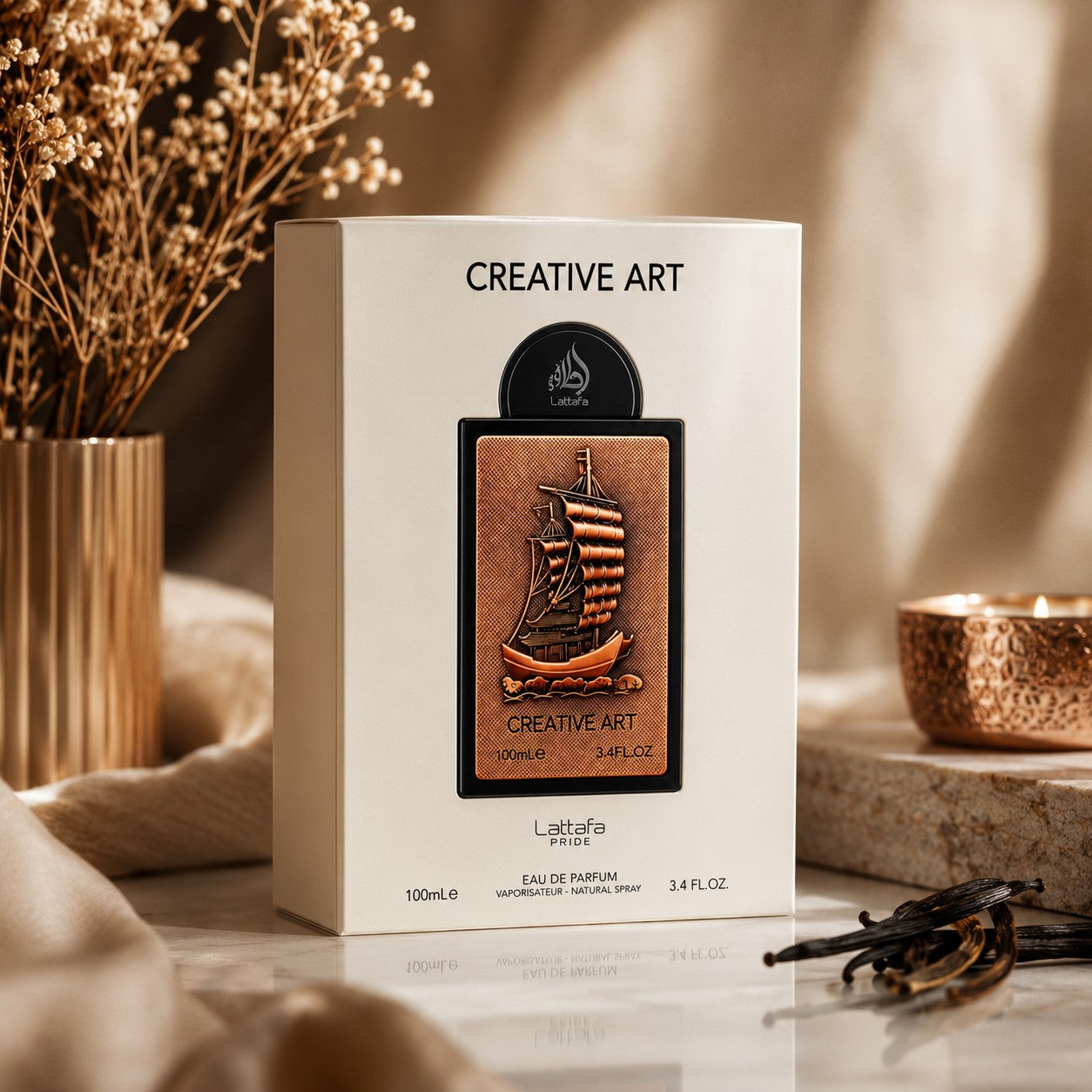 Soghaat Creative Art Eau de Parfum 100ml bottle with a ship design on a cream box, featuring amber and woody notes.