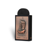 Soghaat Creative Art 100ml Eau de Parfum bottle with a black cap and a copper ship design on the front.