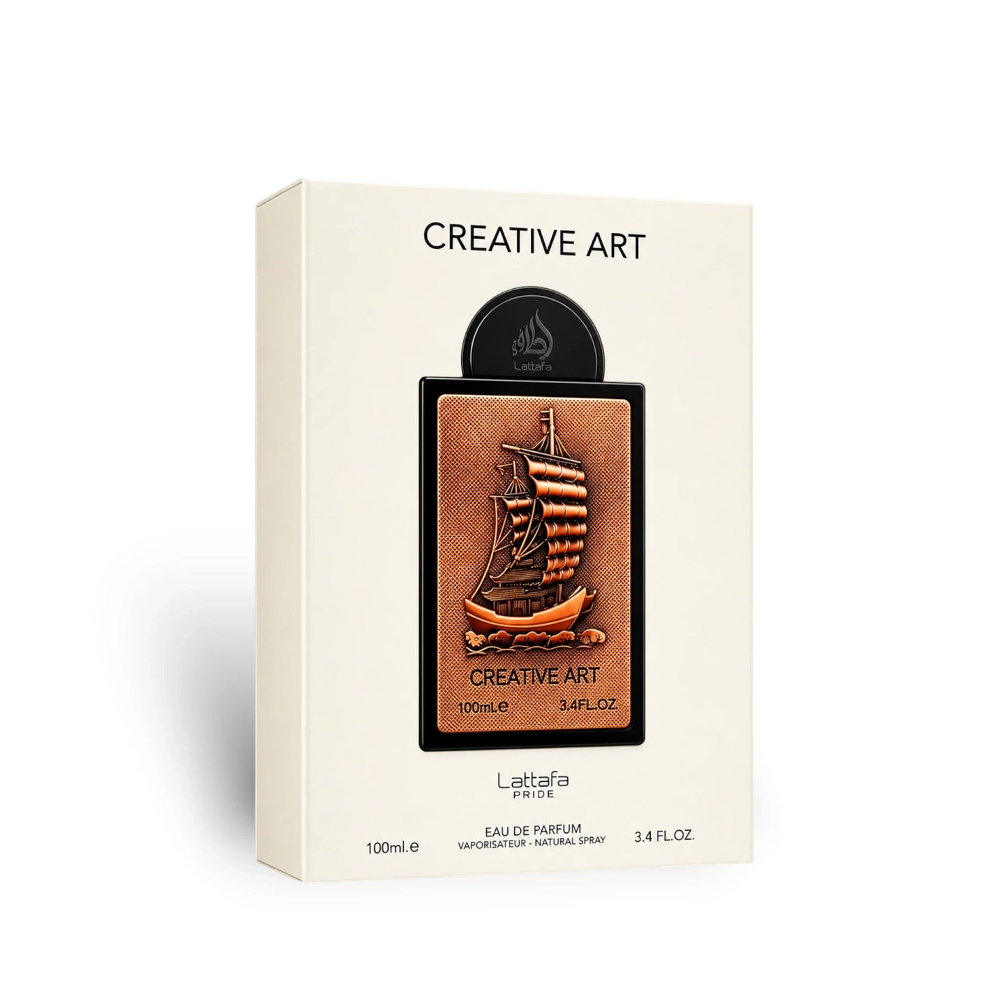 Soghaat Creative Art 100ml Eau de Parfum bottle with a copper-toned ship design on a cream box.