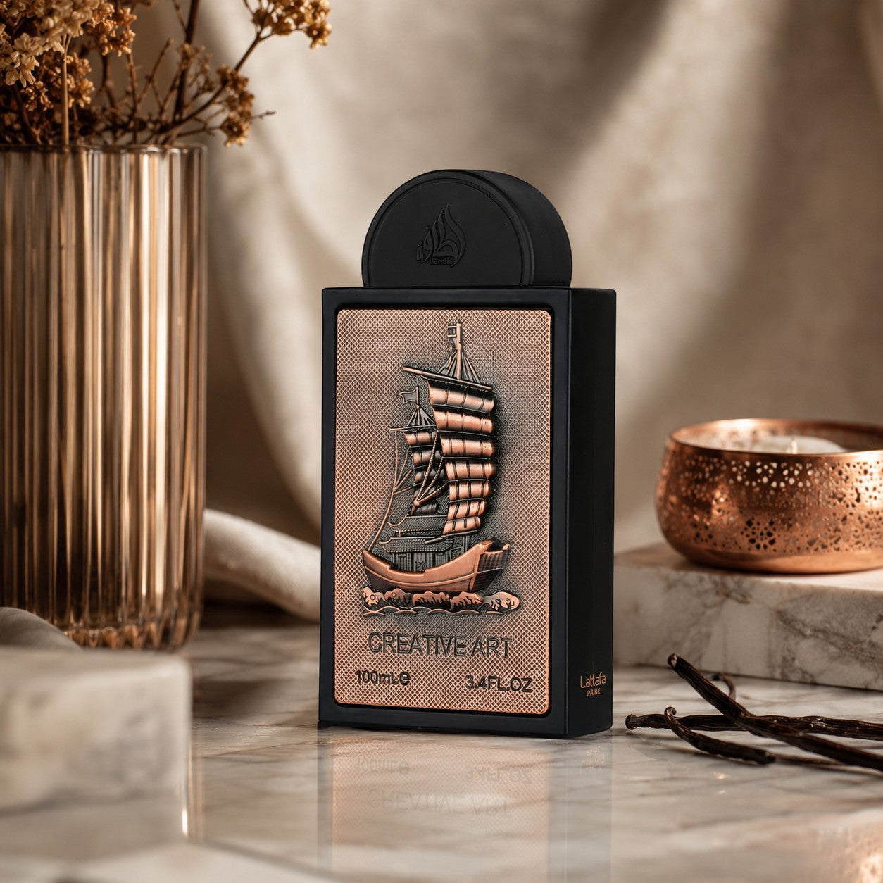 Soghaat Creative Art 100ml Eau de Parfum for men and women, featuring a black bottle with a copper ship emblem and Arabic calligraphy.