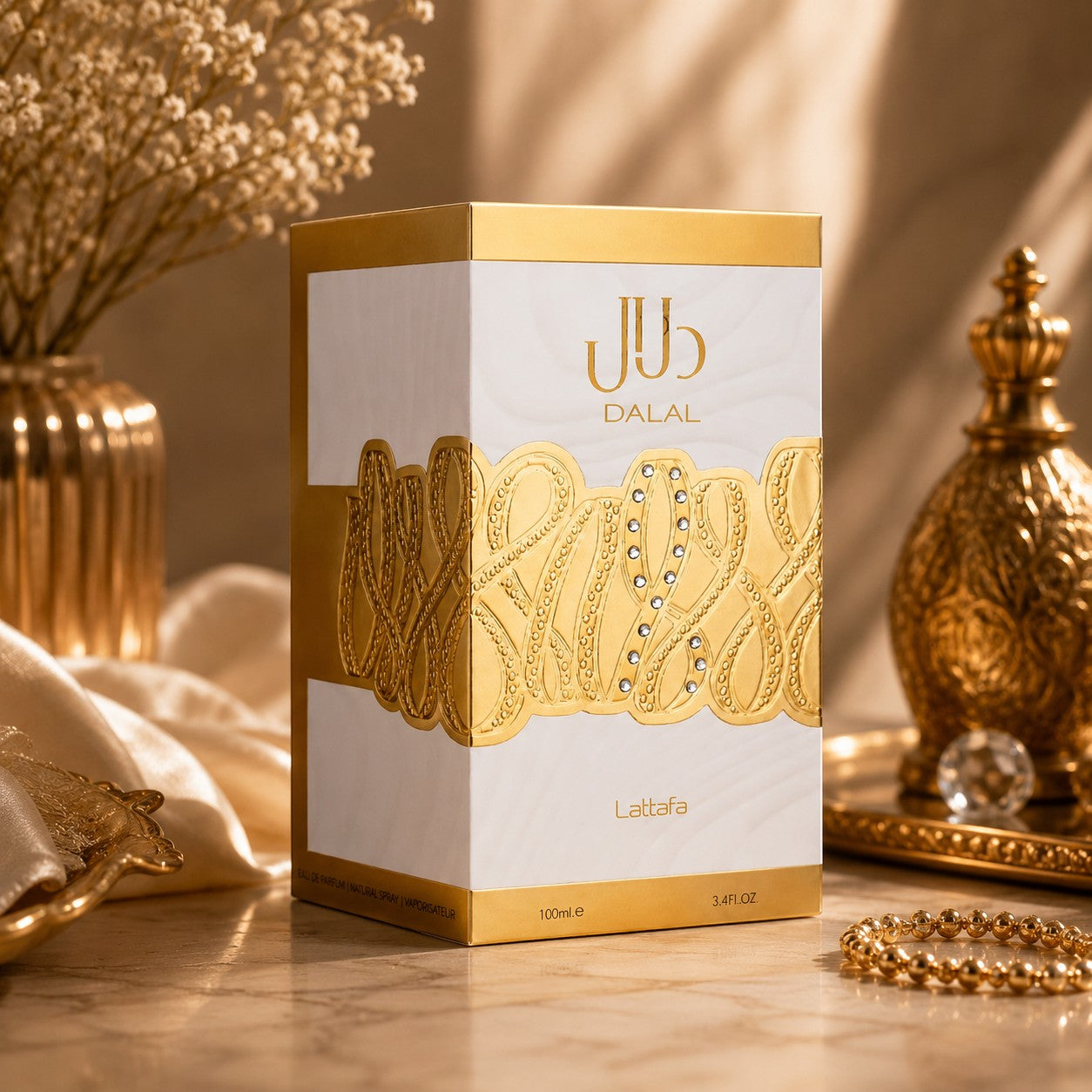 Soghaat Dalal by Lattafa Eau de Parfum box in white and gold with ornate detailing, set on a marble surface.