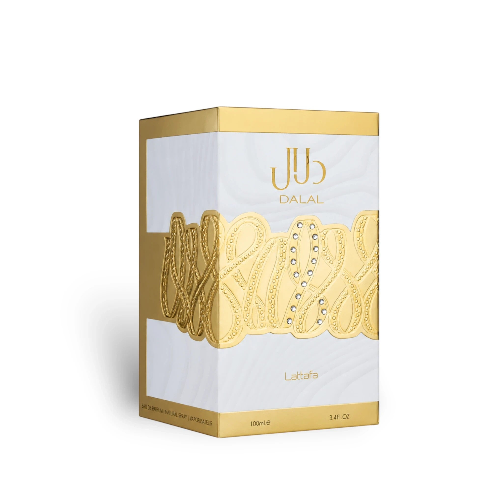 Soghaat Dalal by Lattafa 100ml Eau de Parfum in a white and gold box with ornate metallic detailing.