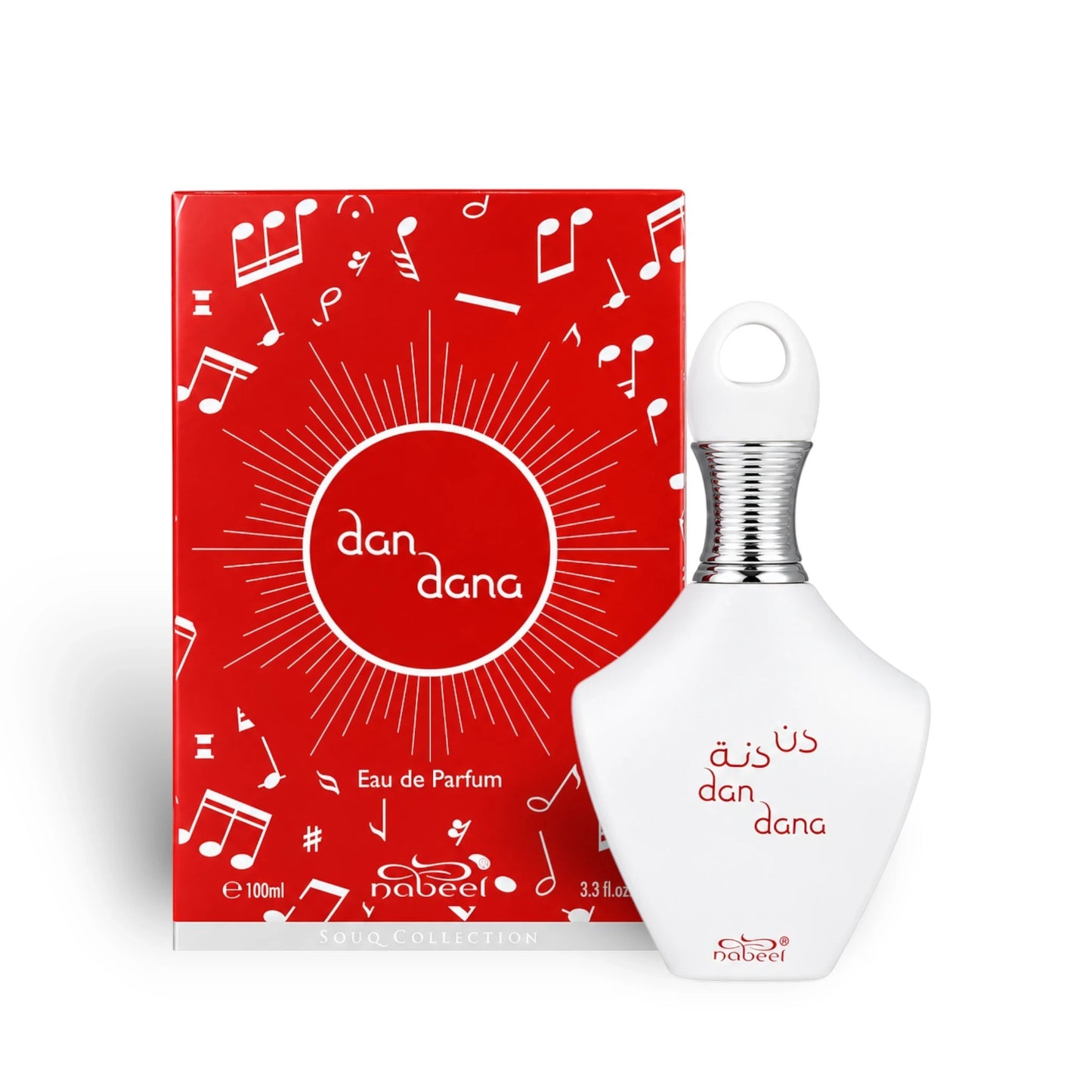 Soghaat Dan Dana Eau de Parfum by Nabeel in a white bottle next to a red box featuring musical note patterns.