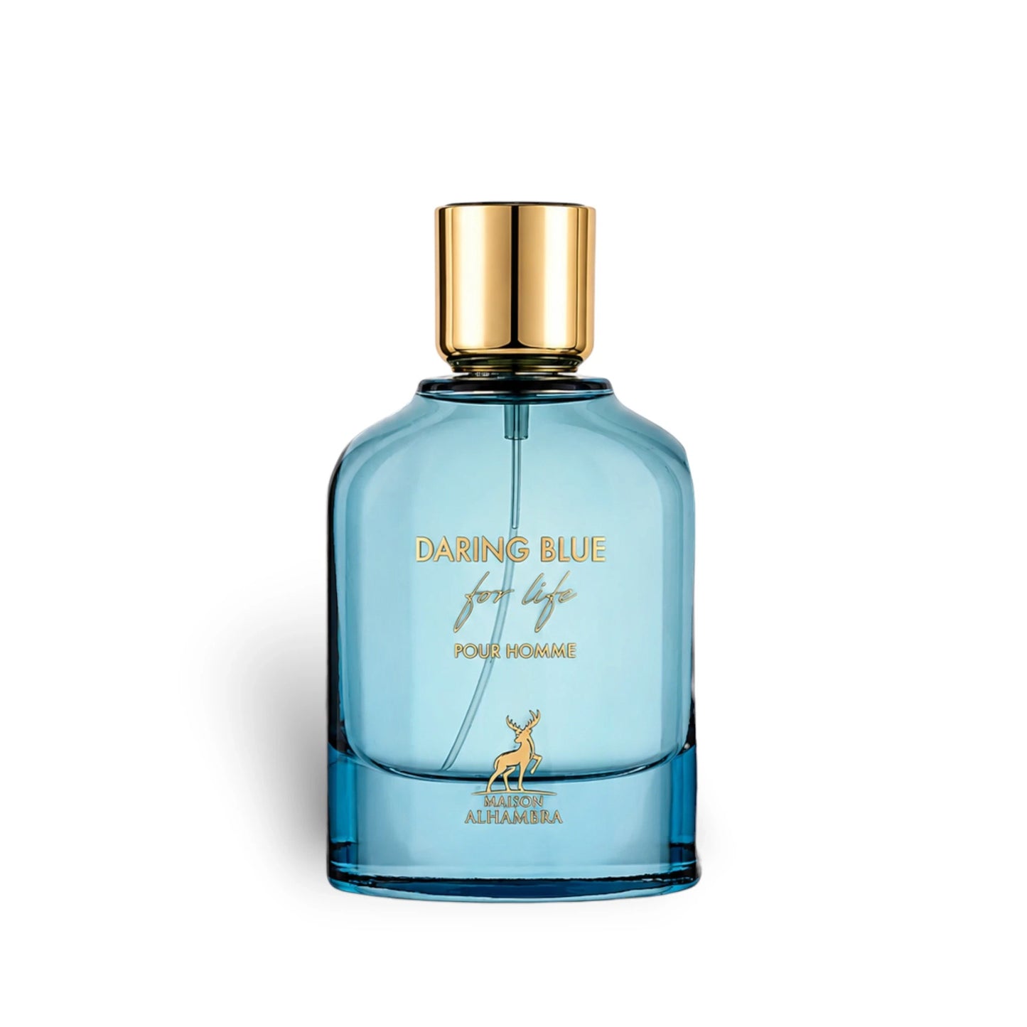 Soghaat Daring Blue For Life Eau de Parfum for men, 100ml. Blue glass bottle with gold cap and label.