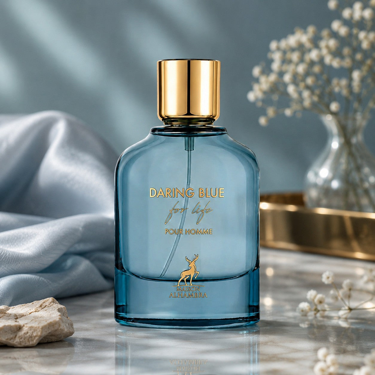 Soghaat Daring Blue For Life Eau de Parfum for men, 100ml. Blue glass bottle with gold cap and deer emblem.