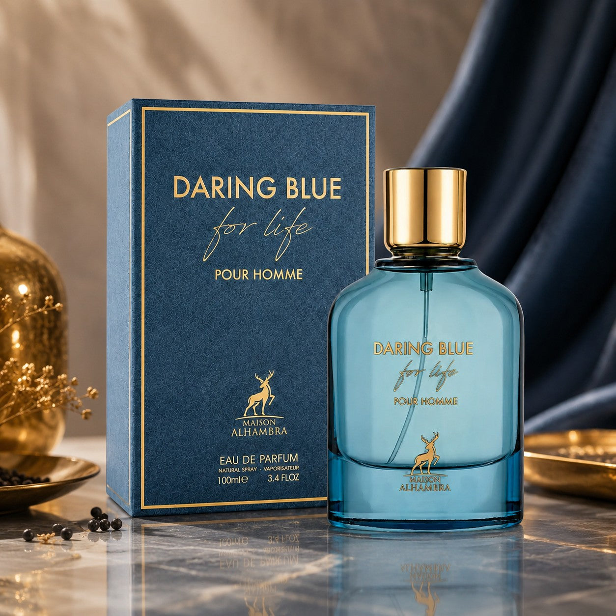 Soghaat Daring Blue For Life Eau de Parfum for men, 100ml. Blue glass bottle with gold cap, featuring citrus and woody notes.