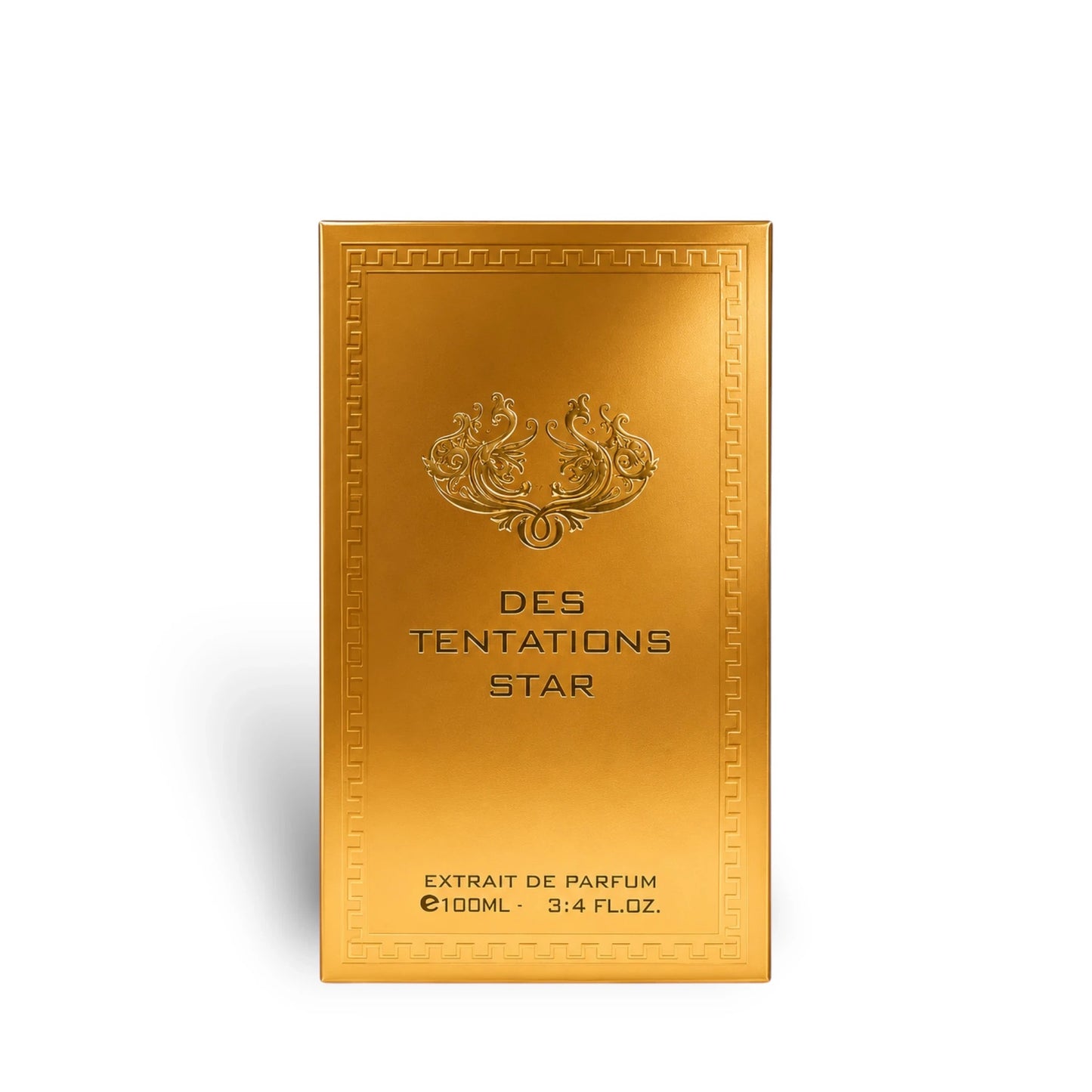 Soghaat Fragrance World Des Tentations Star 100ml perfume box in metallic gold with ornate embossed detailing.