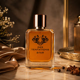 Soghaat Fragrance World Des Tentations Star Eau de Parfum in a glass bottle with amber liquid on a marble surface.