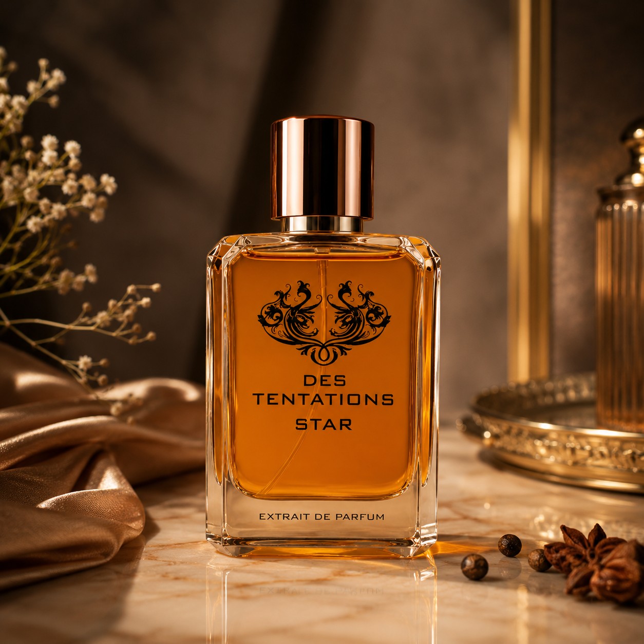 Soghaat Fragrance World Des Tentations Star Eau de Parfum in a glass bottle with amber liquid on a marble surface.