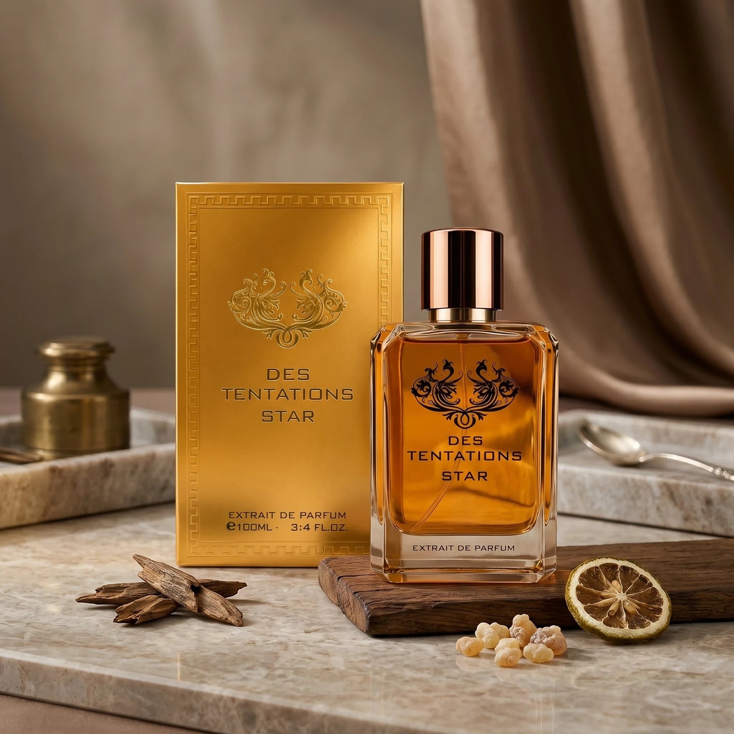 Soghaat Fragrance World Des Tentations Star 100ml perfume bottle and gold box with oud, incense, and citrus accents.