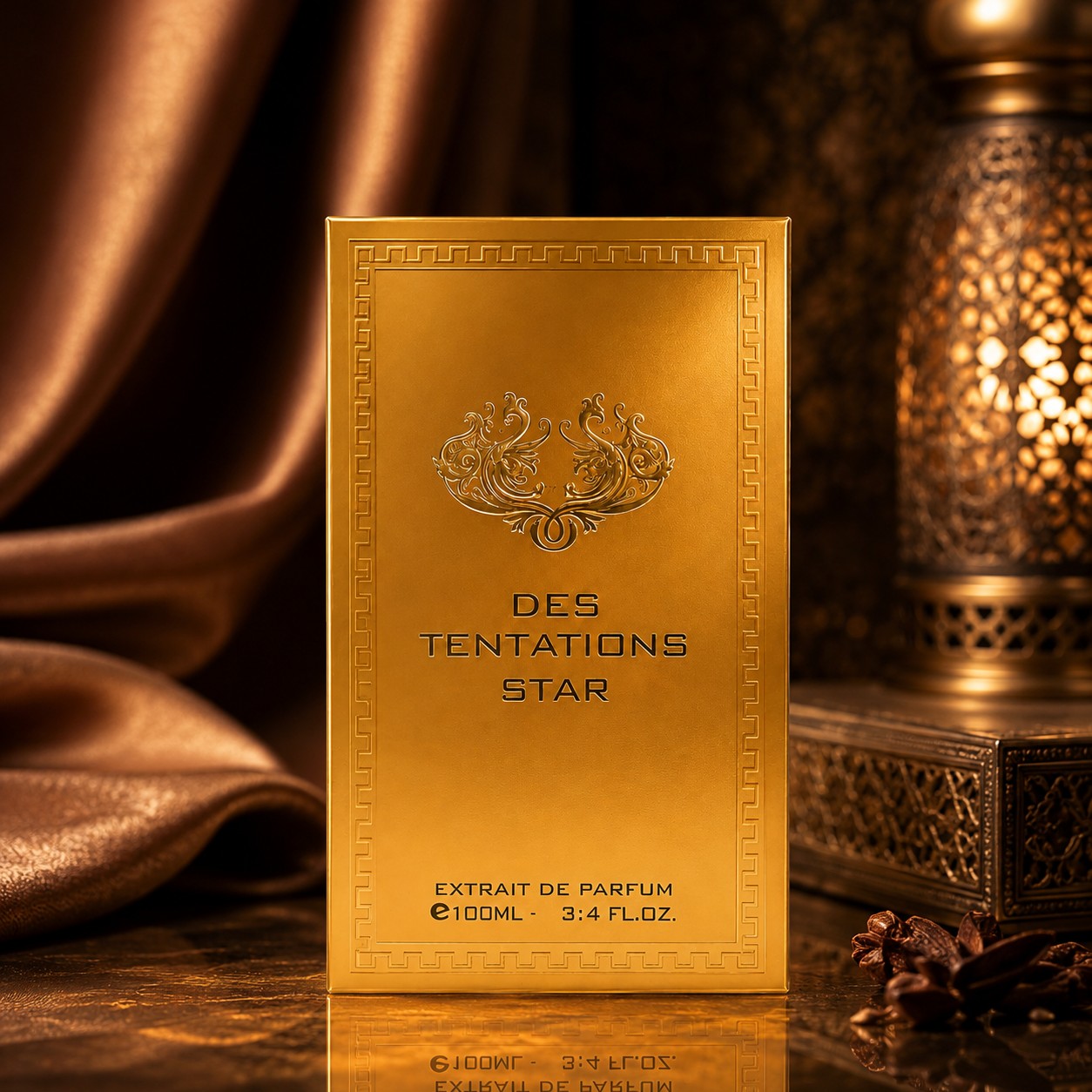 Soghaat Fragrance World Des Tentations Star 100ml gold perfume box on a reflective surface with warm ambient lighting.