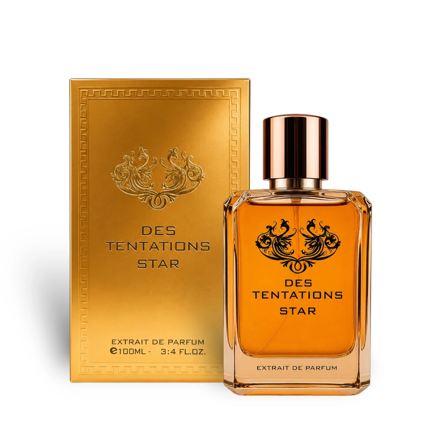Soghaat Fragrance World Des Tentations Star 100ml perfume bottle and gold box with woody amber scent profile.