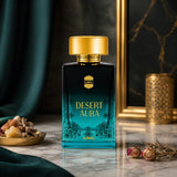 Soghaat Desert Aura Eau de Parfum, a 100ml bottle with a gradient blue and black finish and gold cap.