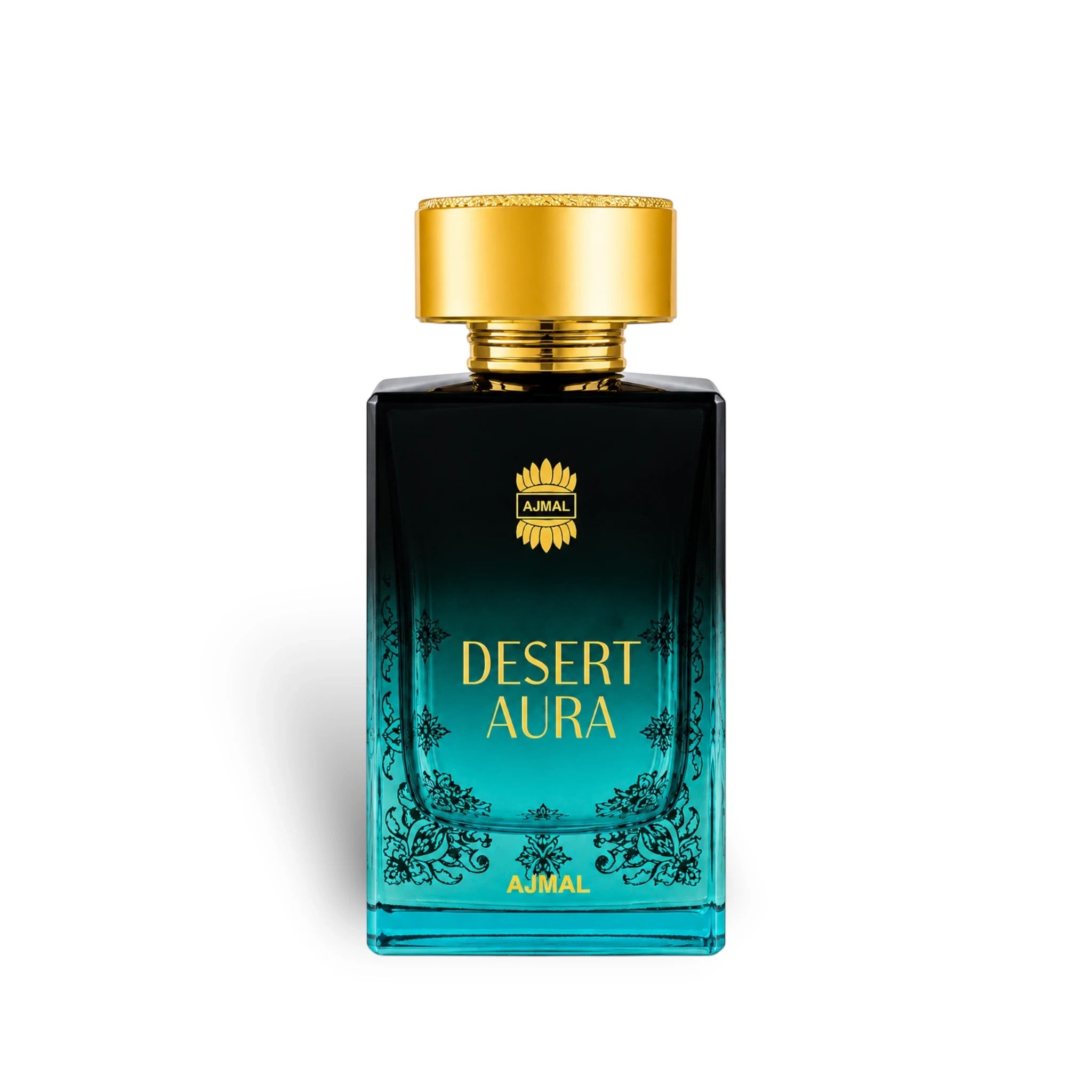 Soghaat Desert Aura Eau de Parfum, a 100ml bottle with a gradient dark green to teal glass, gold cap, and ornate gold detailing.